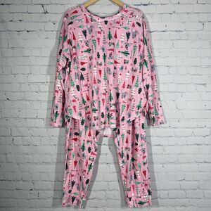 Cuddl Duds Pajama Set Women XL Pink Dogs & Trees Sweater Knit Lounge Holidays